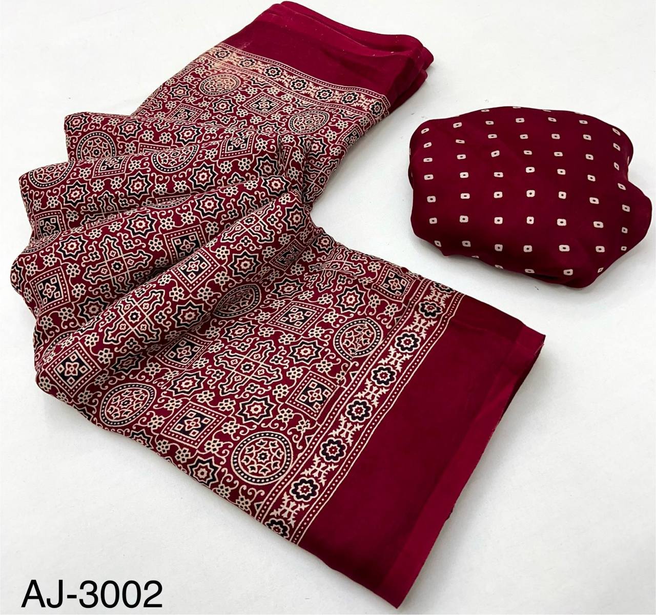 Pure Modal Silk Ajrakh Saree with Handblock Prints & Traditional Lagadi Patta – Authentic Artisan Handloom