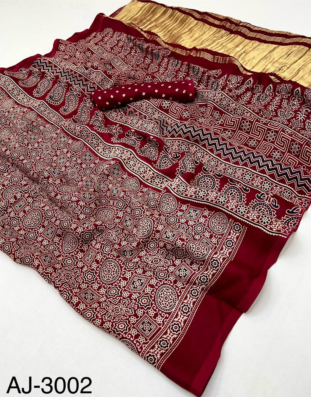 Pure Modal Silk Ajrakh Saree with Handblock Prints & Traditional Lagadi Patta – Authentic Artisan Handloom