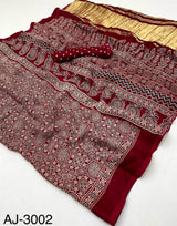 Pure Modal Silk Ajrakh Saree with Handblock Prints & Traditional Lagadi Patta – Authentic Artisan Handloom