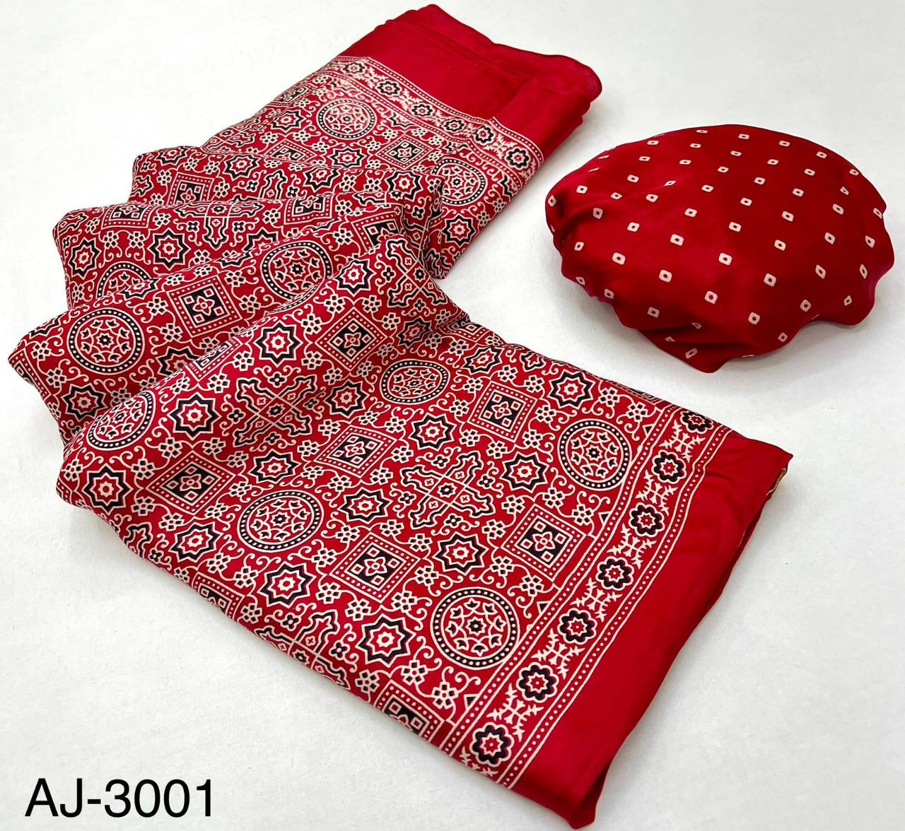 Pure Modal Silk Ajrakh Saree with Handblock Prints & Traditional Lagadi Patta – Authentic Artisan Handloom