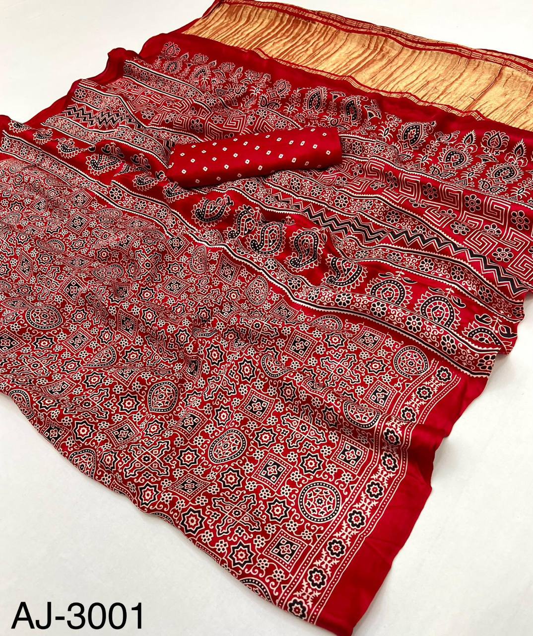 Pure Modal Silk Ajrakh Saree with Handblock Prints & Traditional Lagadi Patta – Authentic Artisan Handloom