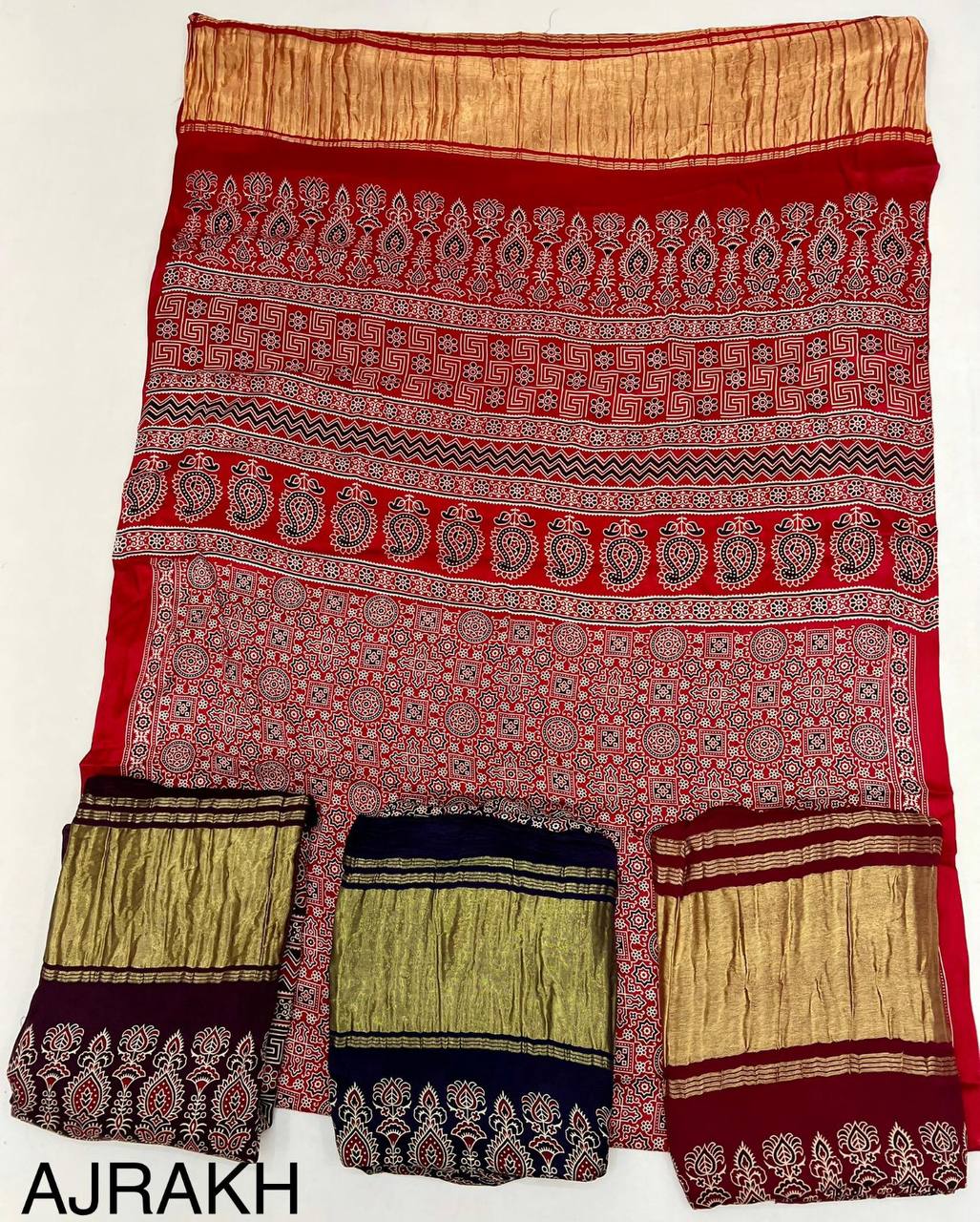 Pure Modal Silk Ajrakh Saree with Handblock Prints & Traditional Lagadi Patta – Authentic Artisan Handloom