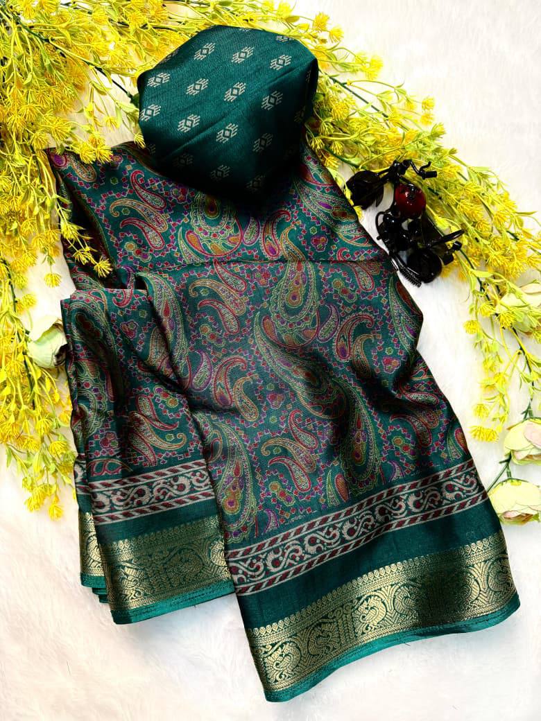 Premium Soft Dola Silk Saree with Traditional Pen Kalamkari Design & Contrast Hamsa Zari Weaving Border