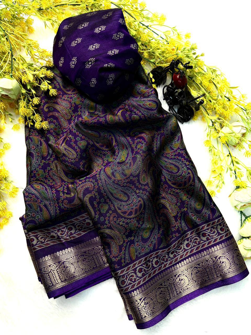 Premium Soft Dola Silk Saree with Traditional Pen Kalamkari Design & Contrast Hamsa Zari Weaving Border