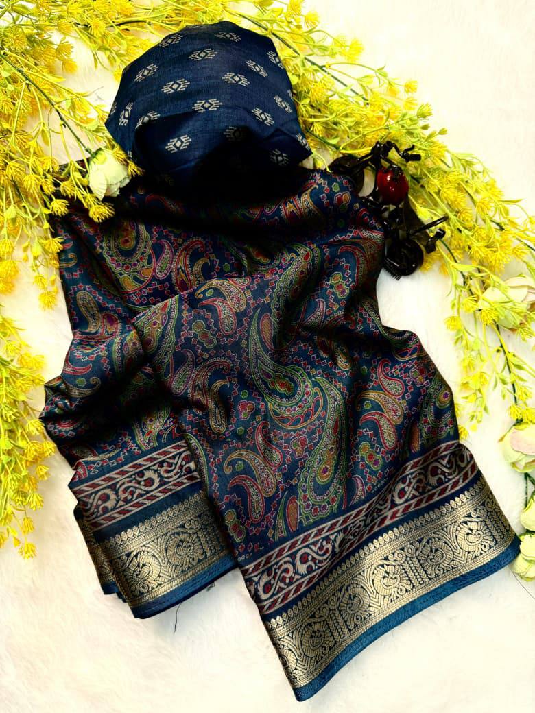 Premium Soft Dola Silk Saree with Traditional Pen Kalamkari Design & Contrast Hamsa Zari Weaving Border