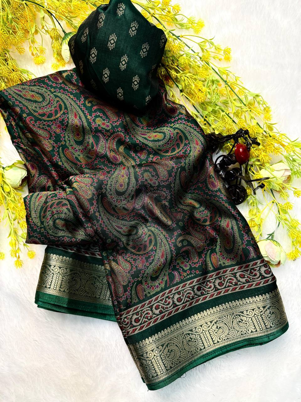 Premium Soft Dola Silk Saree with Traditional Pen Kalamkari Design & Contrast Hamsa Zari Weaving Border