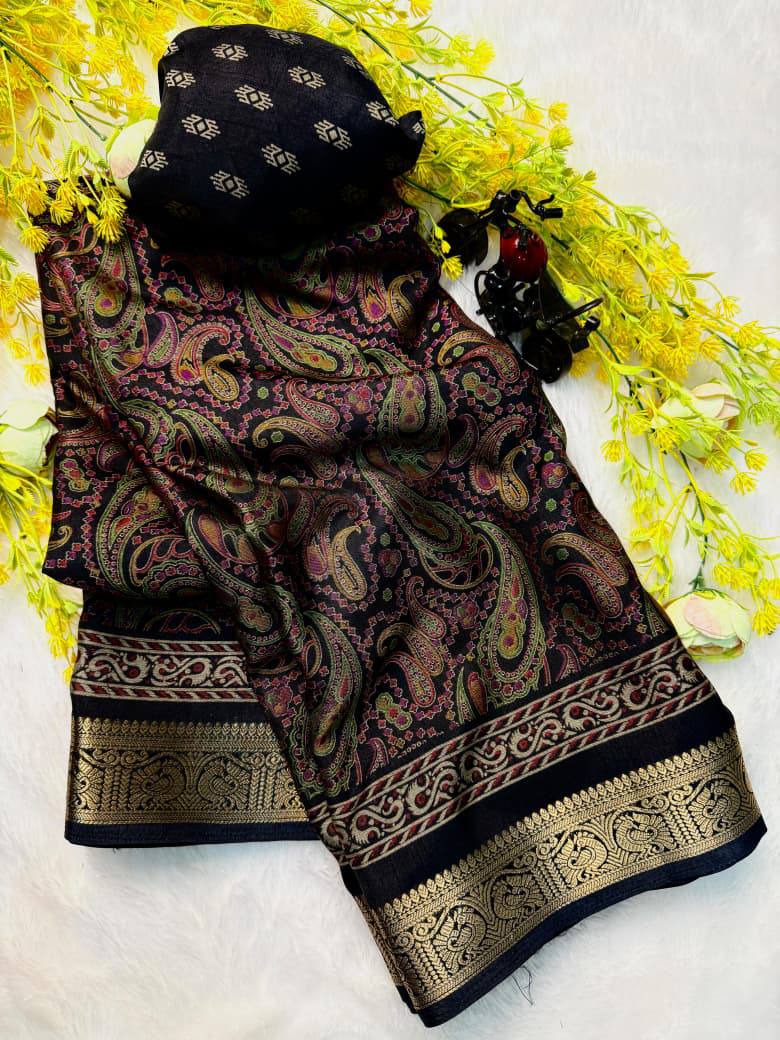 Premium Soft Dola Silk Saree with Traditional Pen Kalamkari Design & Contrast Hamsa Zari Weaving Border