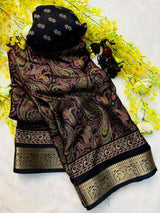 Premium Soft Dola Silk Saree with Traditional Pen Kalamkari Design & Contrast Hamsa Zari Weaving Border