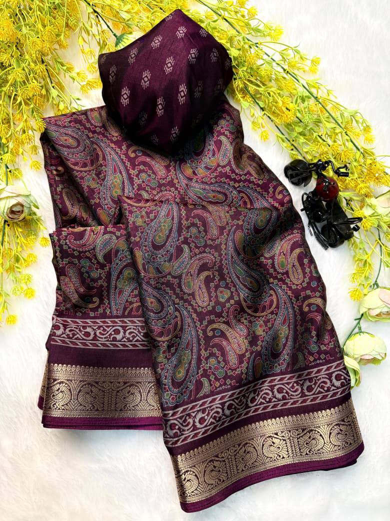 Premium Soft Dola Silk Saree with Traditional Pen Kalamkari Design & Contrast Hamsa Zari Weaving Border