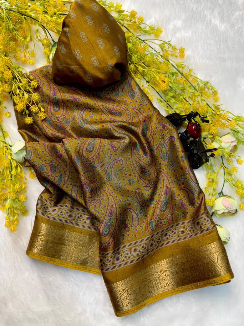 Premium Soft Dola Silk Saree with Traditional Pen Kalamkari Design & Contrast Hamsa Zari Weaving Border