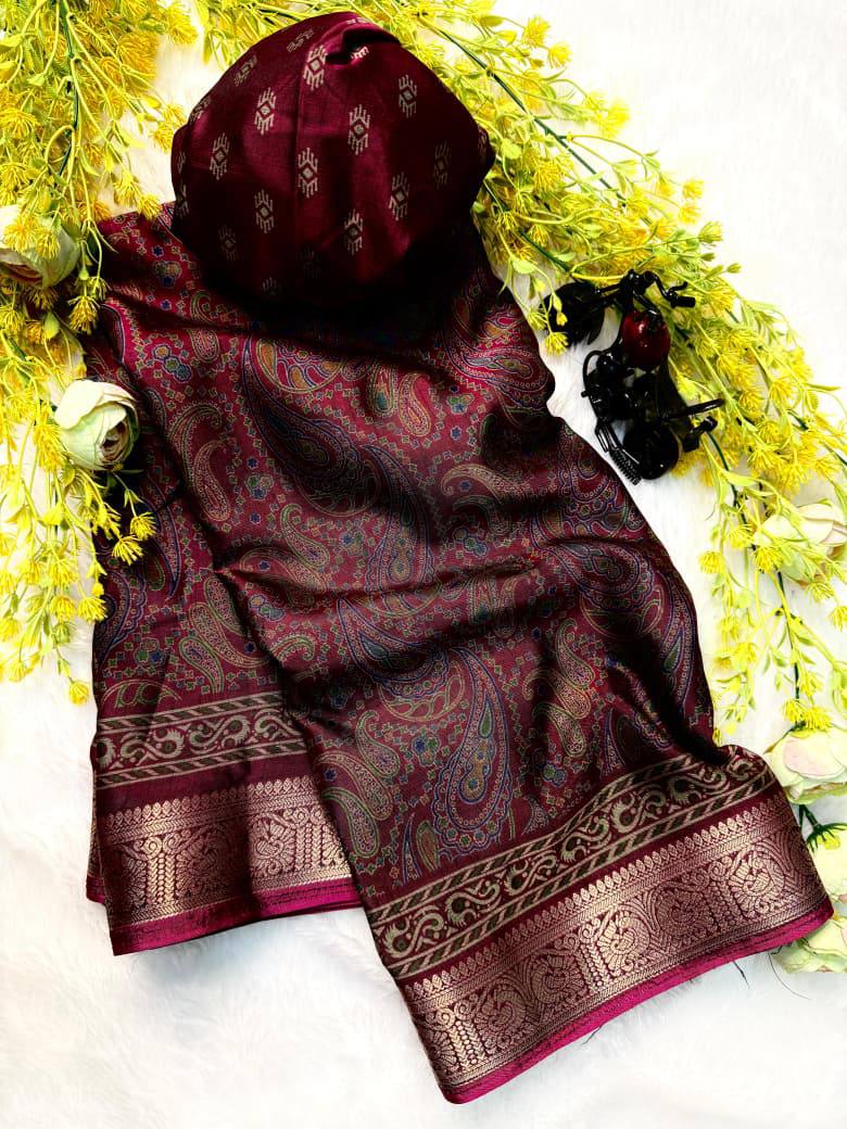 Premium Soft Dola Silk Saree with Traditional Pen Kalamkari Design & Contrast Hamsa Zari Weaving Border