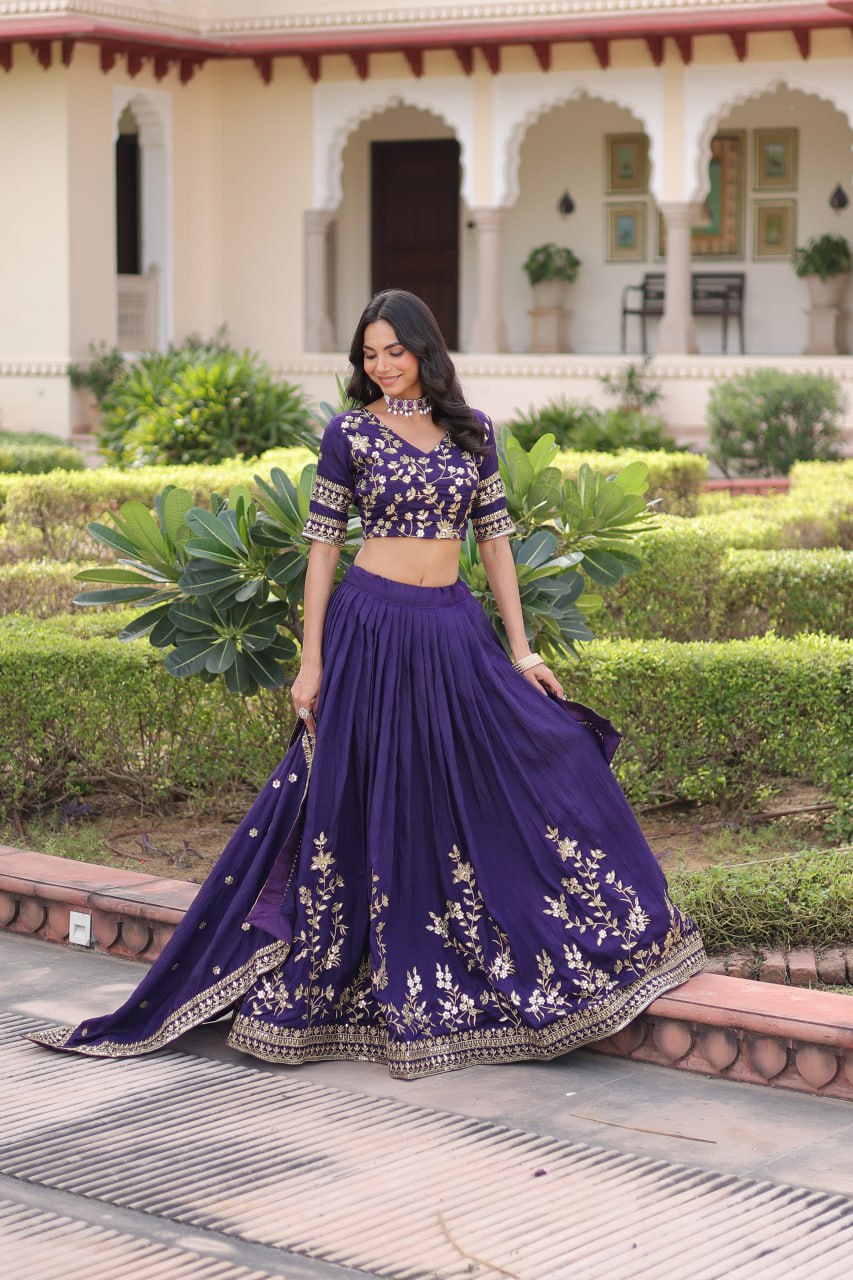 Designer Vichitra Silk Lehenga Choli Set with Heavy Sequins & Zari Embroidery – Premium Stitched Festive Wear