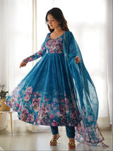 Designer Pure Soft Organza Silk Anarkali Set – Fully Flared Kali Pattern Suit with Canvas Patta, Dupatta & Pants