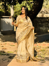 Exclusive Premium Tusser Silk Saree with Elegant Embroidery & Designer Kalamkari Inspired Artistry