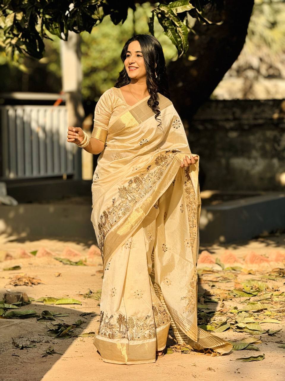 Exclusive Premium Tusser Silk Saree with Elegant Embroidery & Designer Kalamkari Inspired Artistry