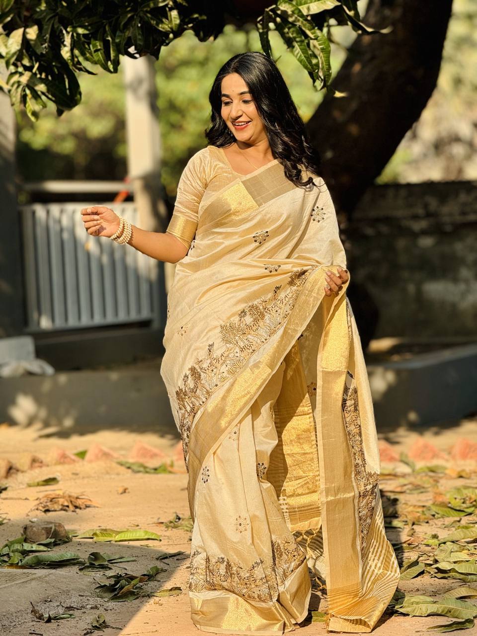 Exclusive Premium Tusser Silk Saree with Elegant Embroidery & Designer Kalamkari Inspired Artistry