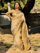 Exclusive Premium Tusser Silk Saree with Elegant Embroidery & Designer Kalamkari Inspired Artistry