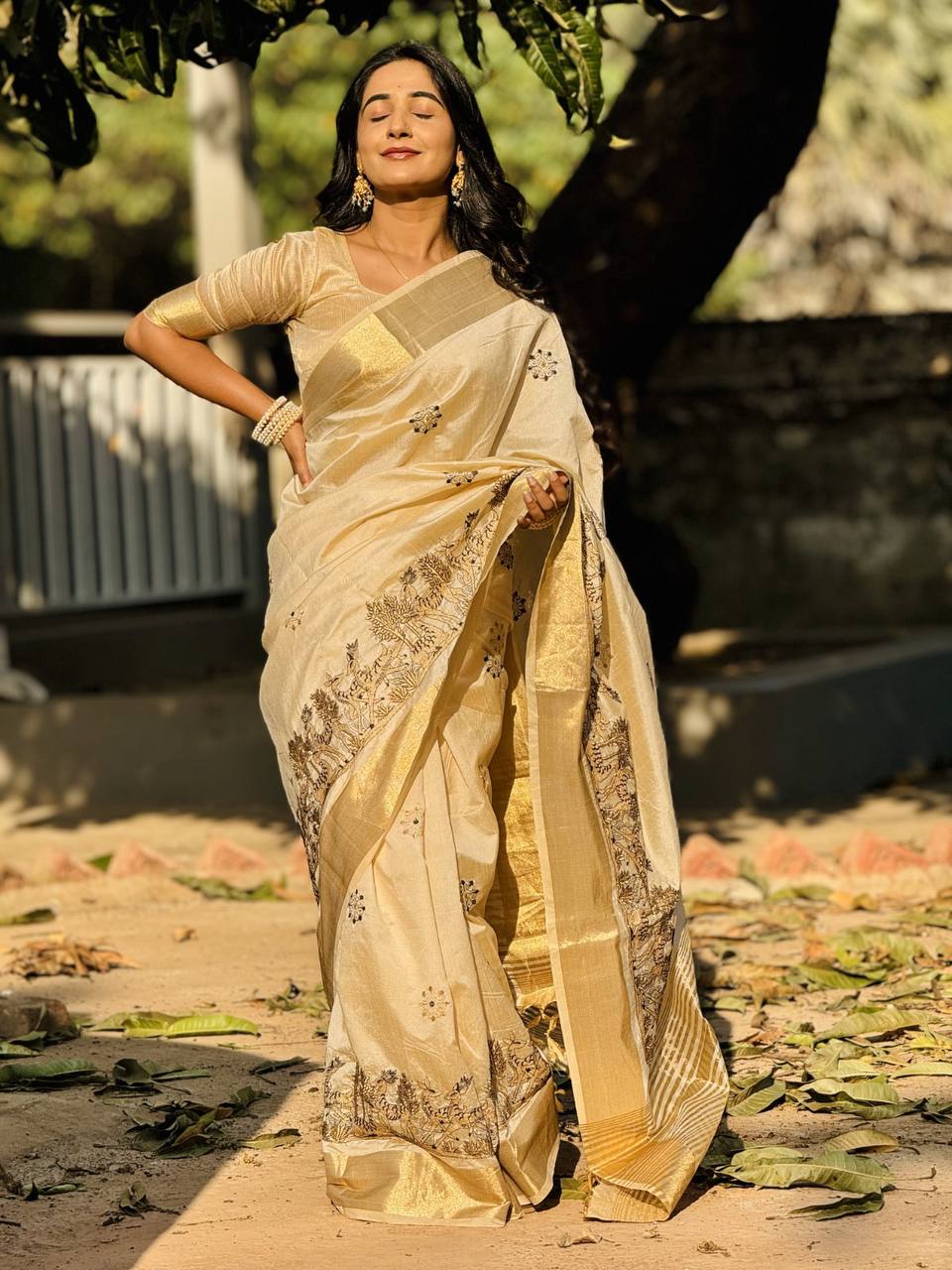 Exclusive Premium Tusser Silk Saree with Elegant Embroidery & Designer Kalamkari Inspired Artistry