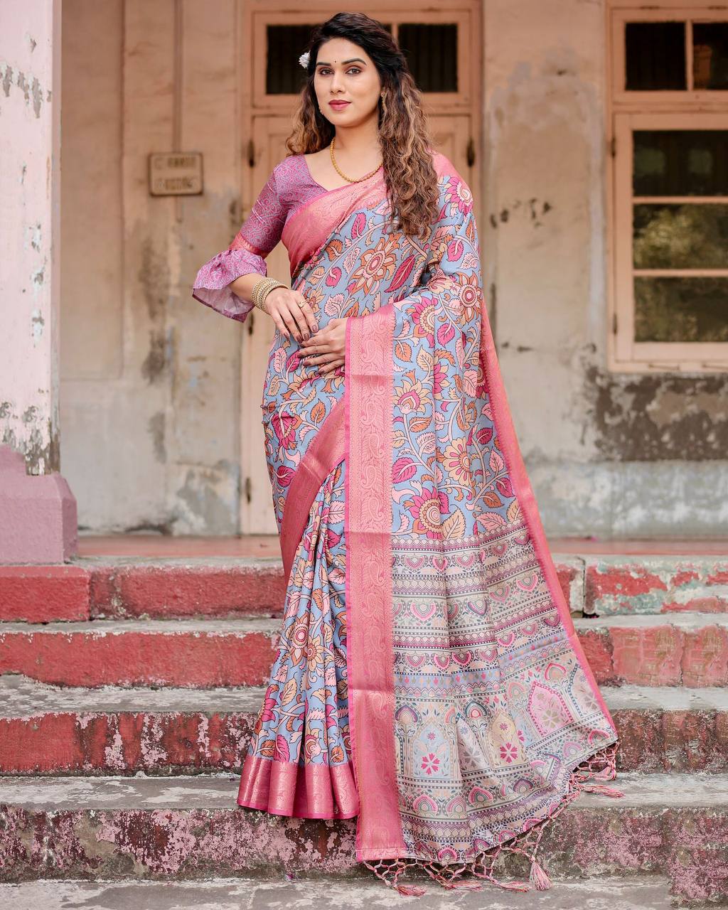 Premium Tussar Silk Saree with Hand-Painted Floral Digital Prints & Rich Woven Zari Border