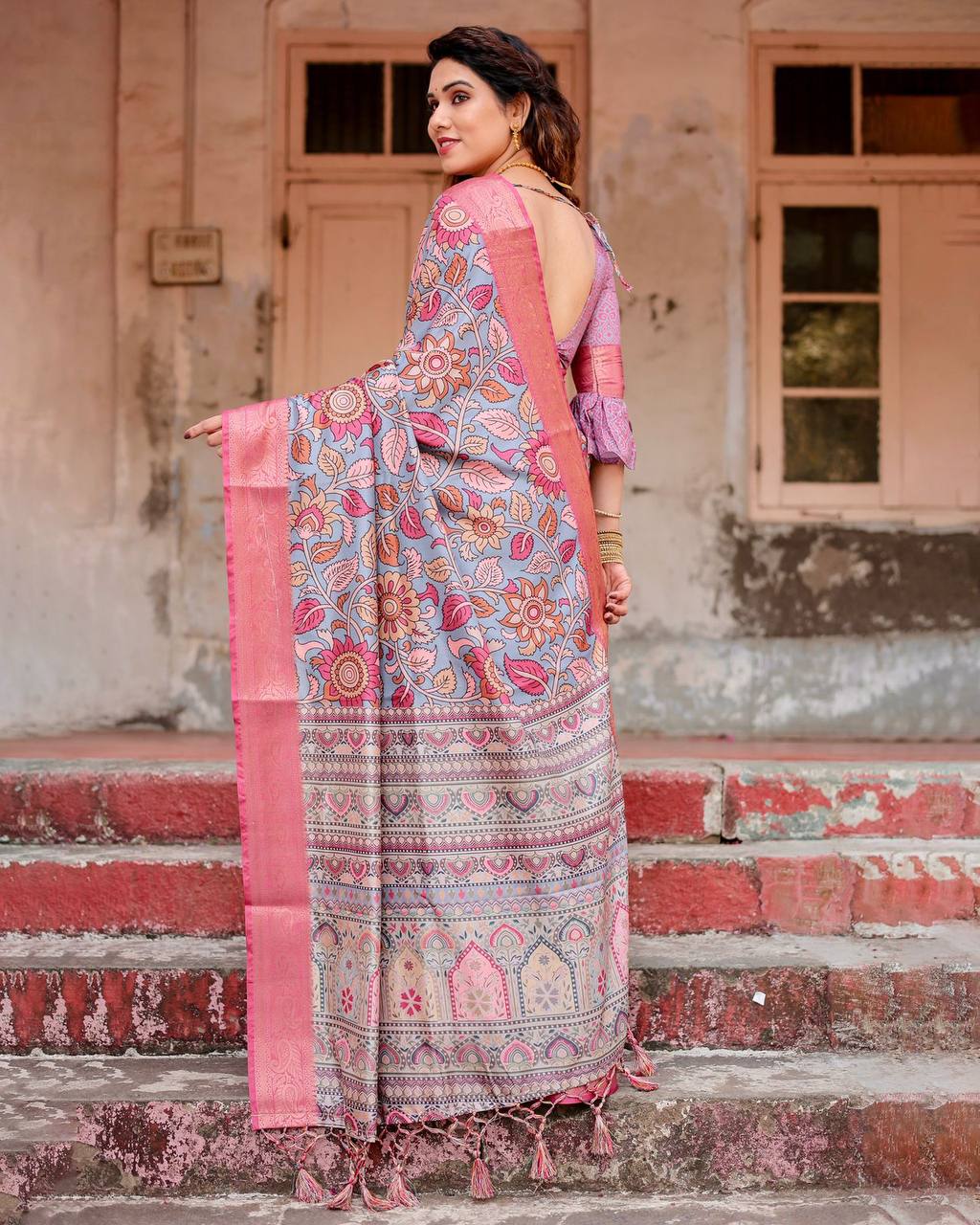 Premium Tussar Silk Saree with Hand-Painted Floral Digital Prints & Rich Woven Zari Border