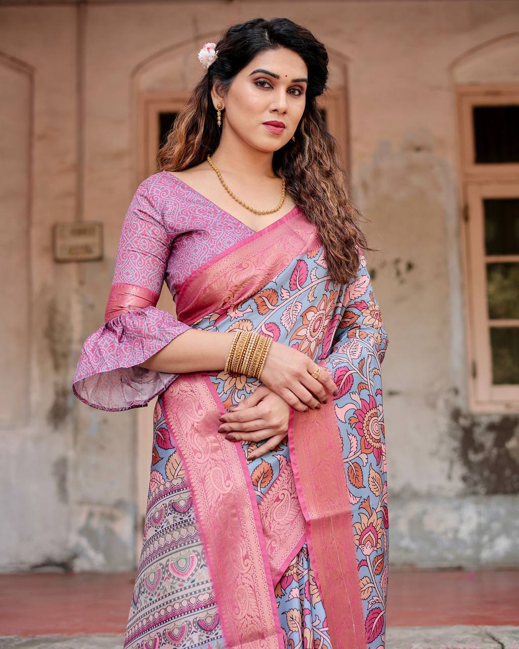Premium Tussar Silk Saree with Hand-Painted Floral Digital Prints & Rich Woven Zari Border