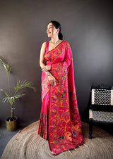 Authentic Pashmina Kashmiri Saree with All-Over Meenakari Weaves & Rich Woven Border – Luxury Artisan Heritage Wear