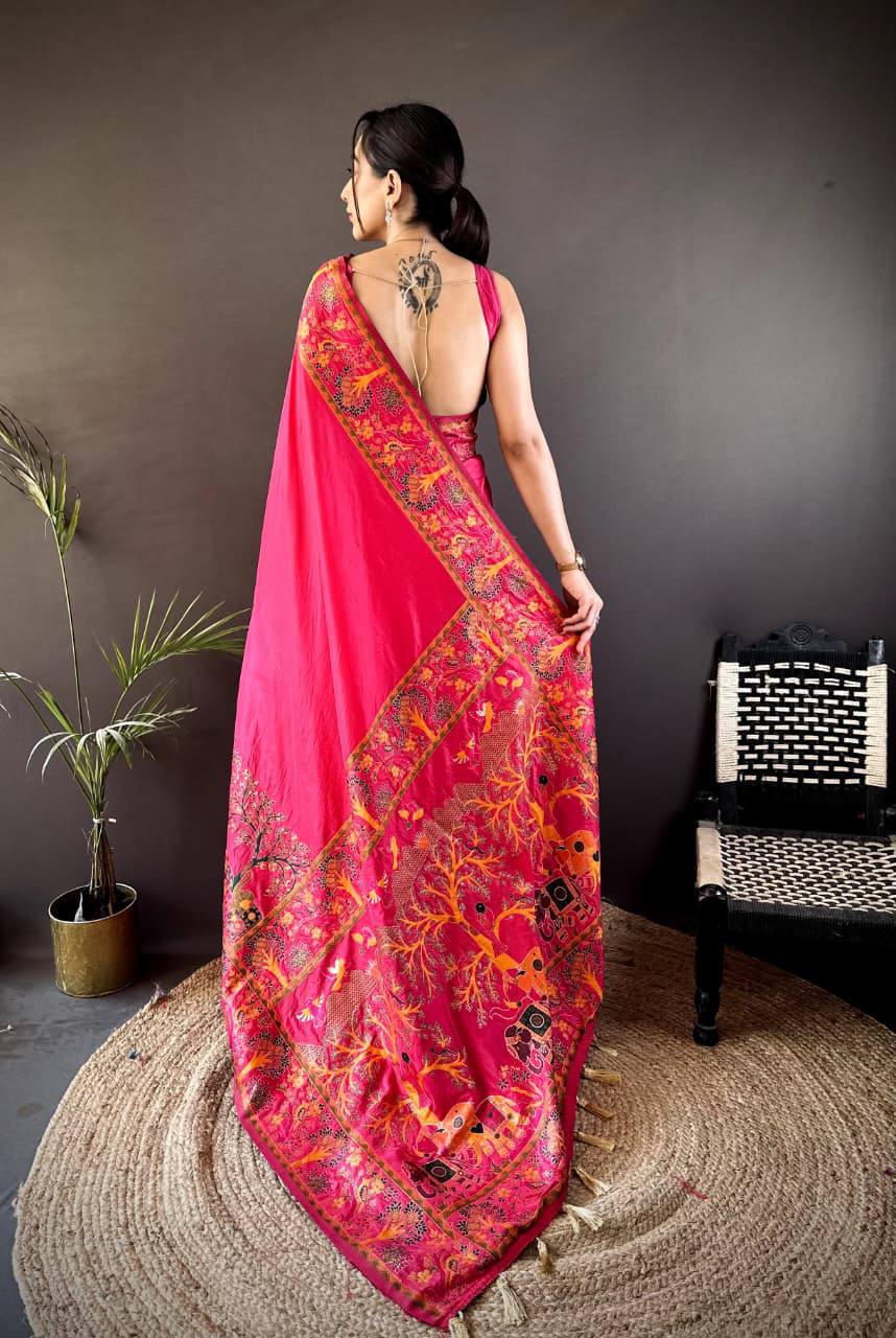 Authentic Pashmina Kashmiri Saree with All-Over Meenakari Weaves & Rich Woven Border – Luxury Artisan Heritage Wear