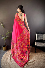 Authentic Pashmina Kashmiri Saree with All-Over Meenakari Weaves & Rich Woven Border – Luxury Artisan Heritage Wear