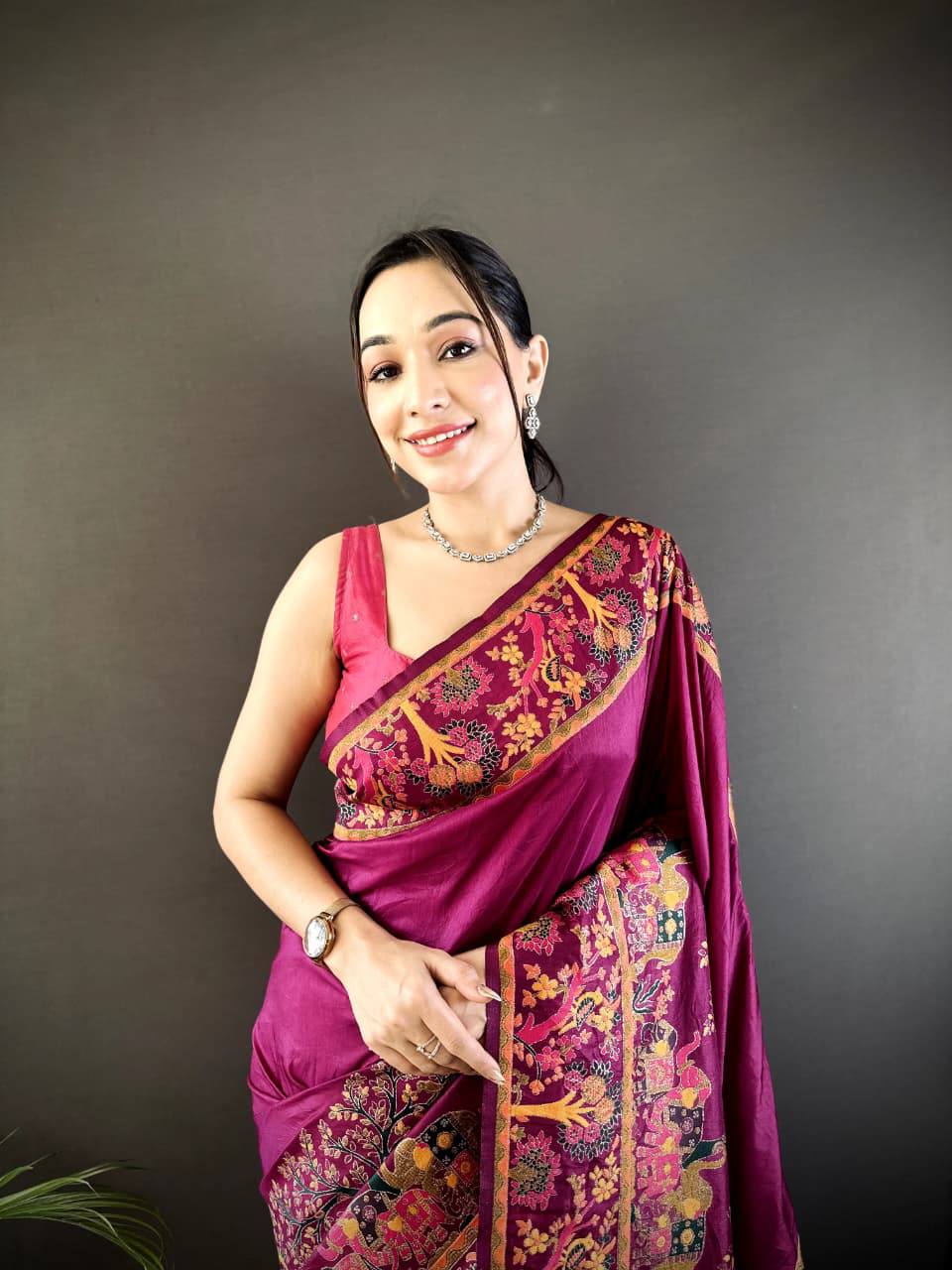 Authentic Pashmina Kashmiri Saree with All-Over Meenakari Weaves & Rich Woven Border – Luxury Artisan Heritage Wear