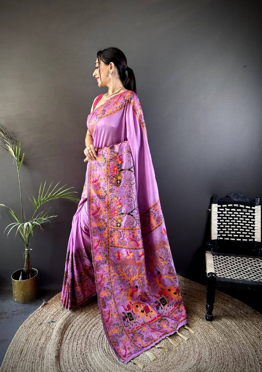 Authentic Pashmina Kashmiri Saree with All-Over Meenakari Weaves & Rich Woven Border – Luxury Artisan Heritage Wear