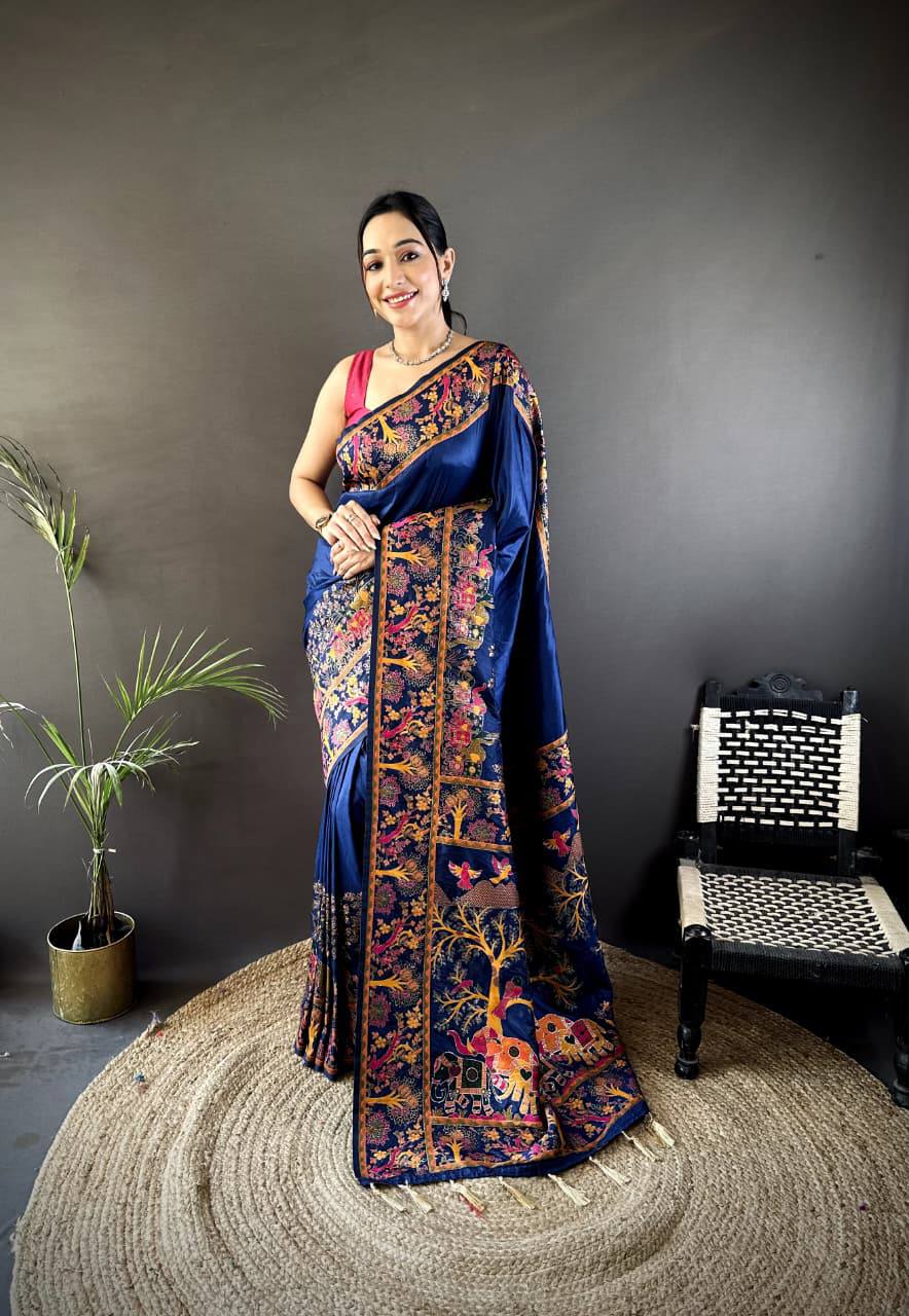 Authentic Pashmina Kashmiri Saree with All-Over Meenakari Weaves & Rich Woven Border – Luxury Artisan Heritage Wear