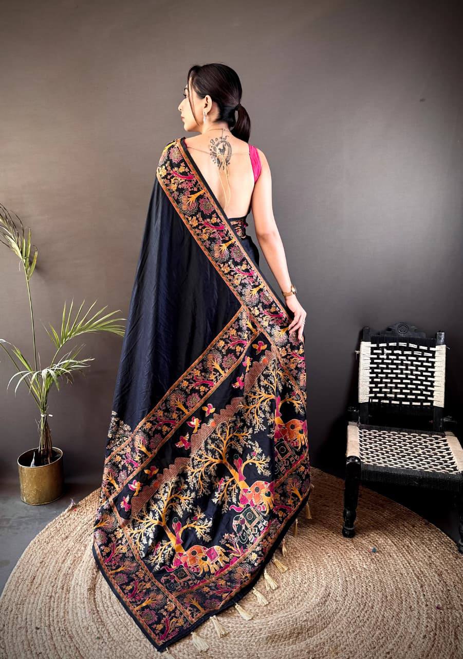 Authentic Pashmina Kashmiri Saree with All-Over Meenakari Weaves & Rich Woven Border – Luxury Artisan Heritage Wear