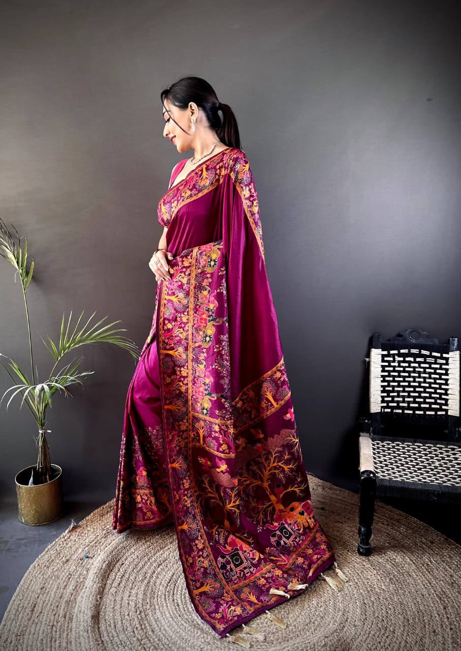 Authentic Pashmina Kashmiri Saree with All-Over Meenakari Weaves & Rich Woven Border – Luxury Artisan Heritage Wear