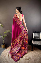 Authentic Pashmina Kashmiri Saree with All-Over Meenakari Weaves & Rich Woven Border – Luxury Artisan Heritage Wear