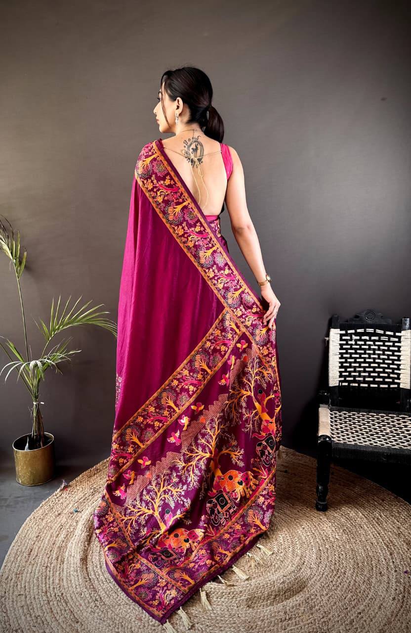 Authentic Pashmina Kashmiri Saree with All-Over Meenakari Weaves & Rich Woven Border – Luxury Artisan Heritage Wear