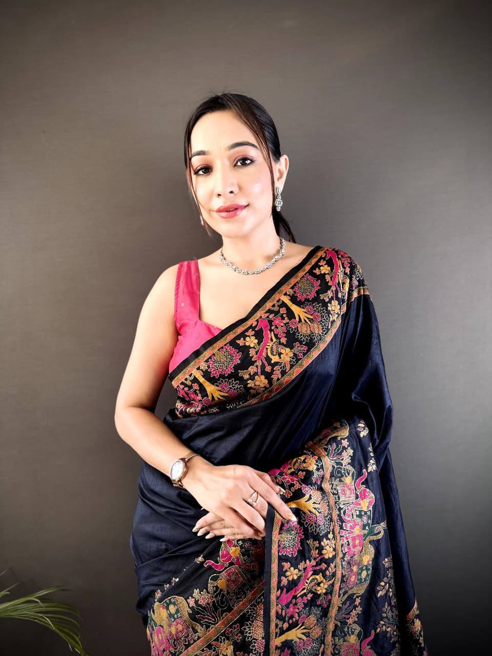 Authentic Pashmina Kashmiri Saree with All-Over Meenakari Weaves & Rich Woven Border – Luxury Artisan Heritage Wear