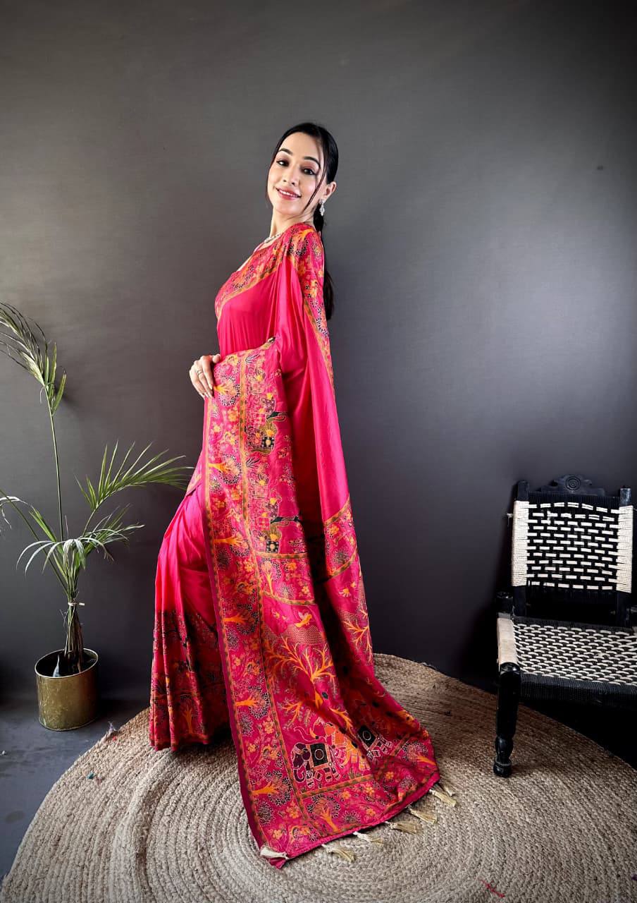 Authentic Pashmina Kashmiri Saree with All-Over Meenakari Weaves & Rich Woven Border – Luxury Artisan Heritage Wear