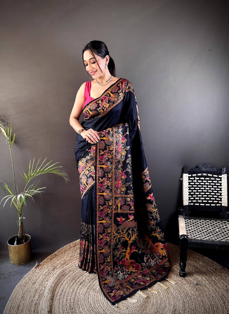 Authentic Pashmina Kashmiri Saree with All-Over Meenakari Weaves & Rich Woven Border – Luxury Artisan Heritage Wear