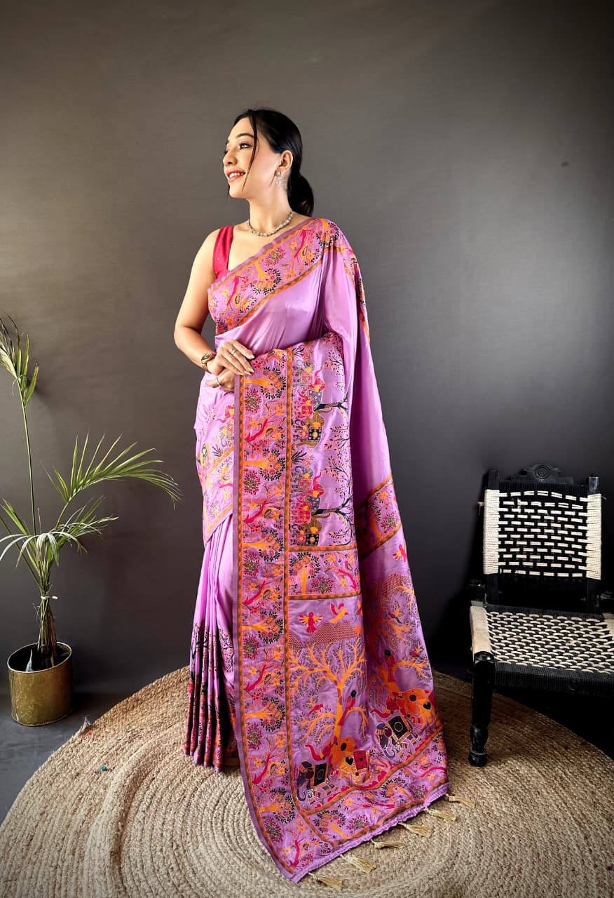 Authentic Pashmina Kashmiri Saree with All-Over Meenakari Weaves & Rich Woven Border – Luxury Artisan Heritage Wear
