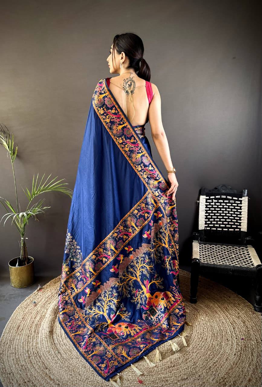Authentic Pashmina Kashmiri Saree with All-Over Meenakari Weaves & Rich Woven Border – Luxury Artisan Heritage Wear
