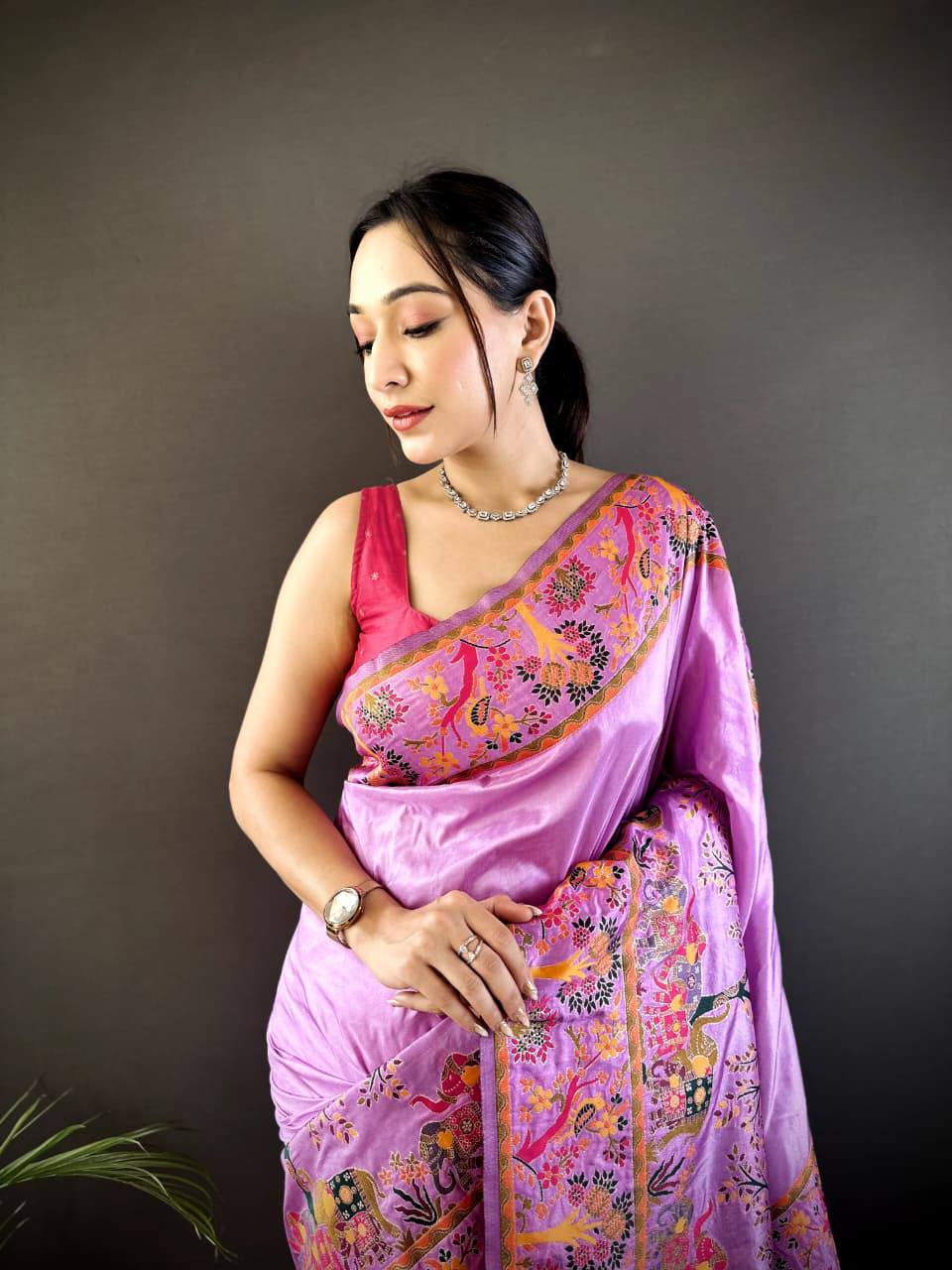 Authentic Pashmina Kashmiri Saree with All-Over Meenakari Weaves & Rich Woven Border – Luxury Artisan Heritage Wear