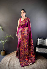 Authentic Pashmina Kashmiri Saree with All-Over Meenakari Weaves & Rich Woven Border – Luxury Artisan Heritage Wear