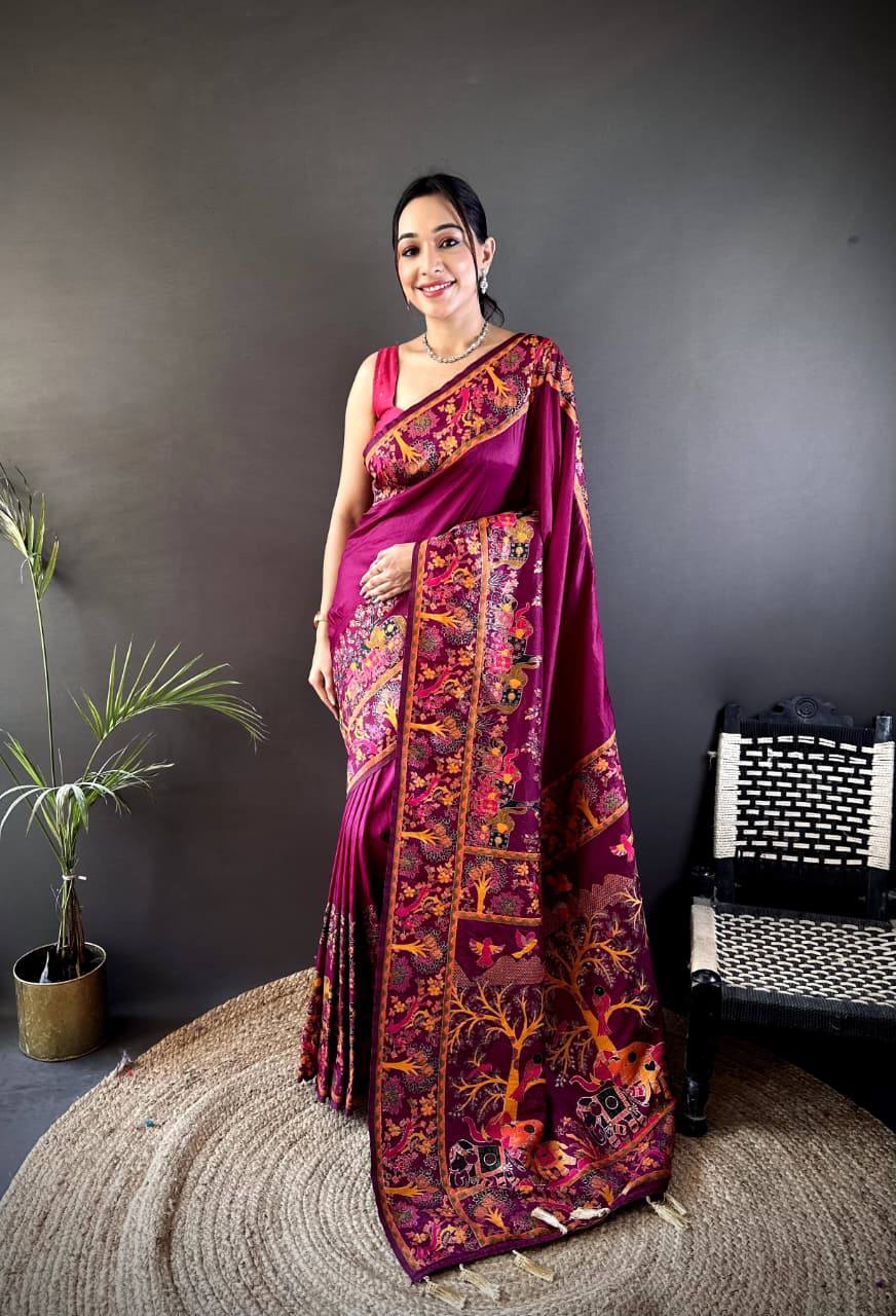 Authentic Pashmina Kashmiri Saree with All-Over Meenakari Weaves & Rich Woven Border – Luxury Artisan Heritage Wear