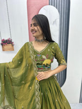 Designer Moss Shimar Lehenga Choli Set with Heavy Embroidery Thread & Pipe Val Work – Ready-to-Wear Luxury Celebration Ensemble