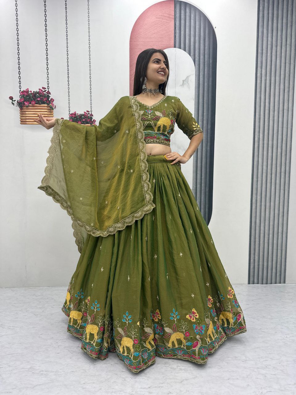 Designer Moss Shimar Lehenga Choli Set with Heavy Embroidery Thread & Pipe Val Work – Ready-to-Wear Luxury Celebration Ensemble