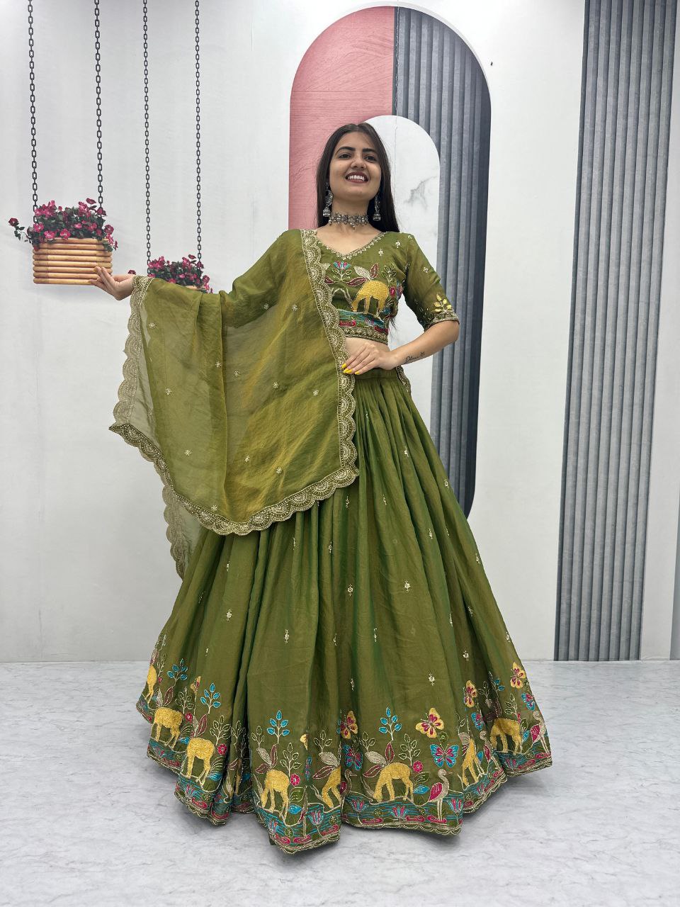 Designer Moss Shimar Lehenga Choli Set with Heavy Embroidery Thread & Pipe Val Work – Ready-to-Wear Luxury Celebration Ensemble