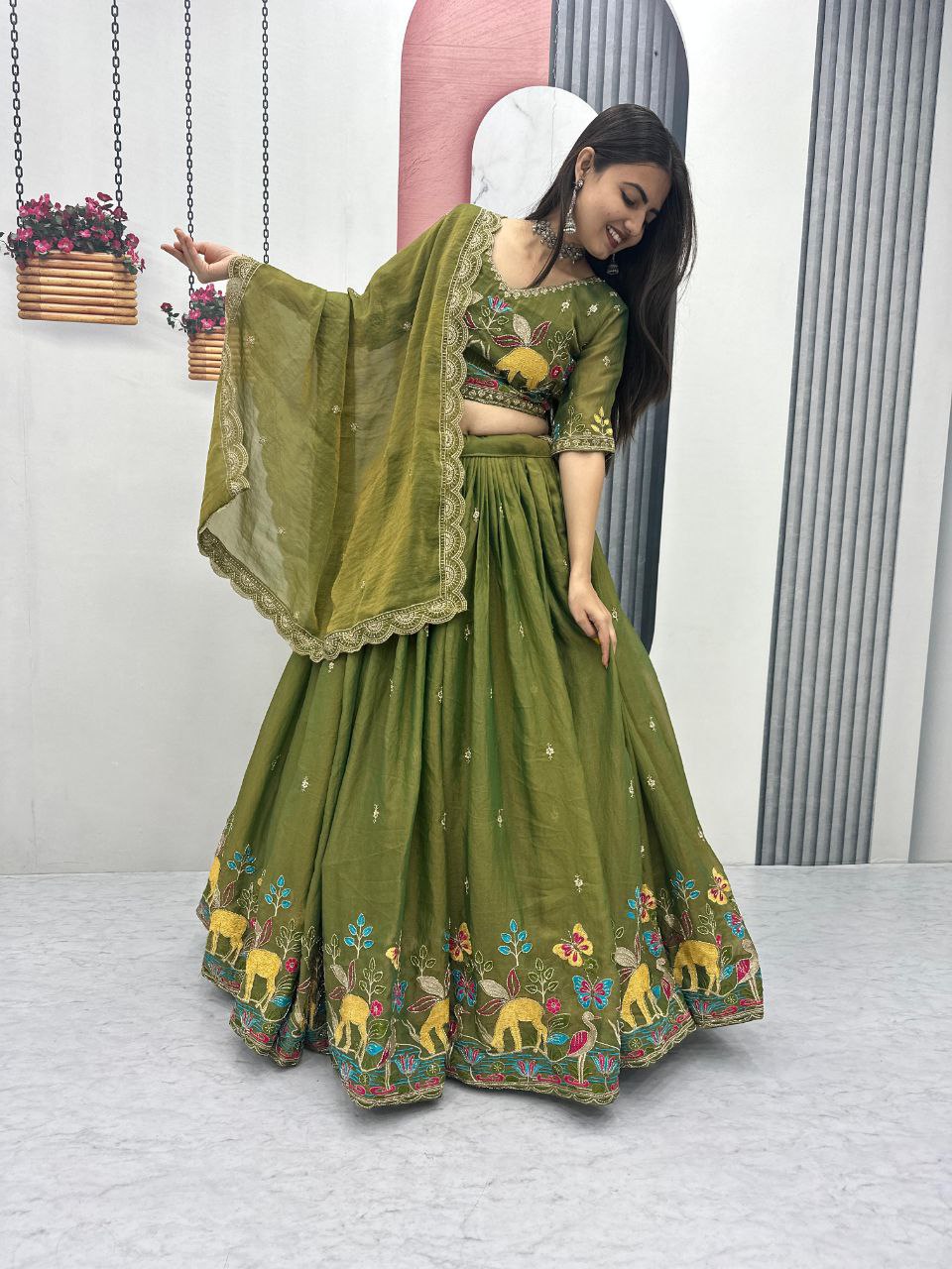 Designer Moss Shimar Lehenga Choli Set with Heavy Embroidery Thread & Pipe Val Work – Ready-to-Wear Luxury Celebration Ensemble
