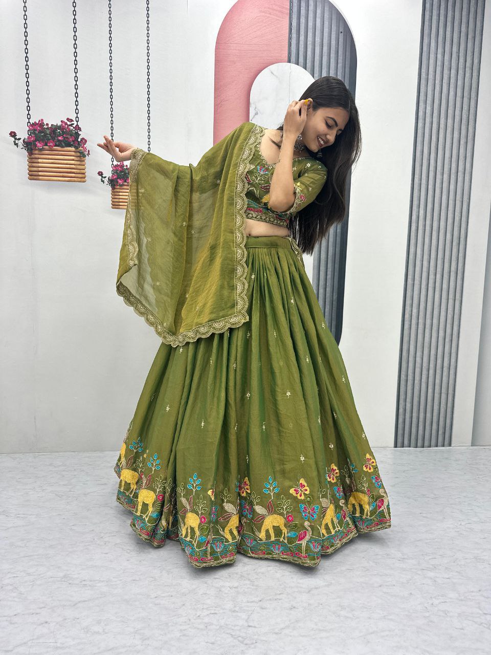 Designer Moss Shimar Lehenga Choli Set with Heavy Embroidery Thread & Pipe Val Work – Ready-to-Wear Luxury Celebration Ensemble