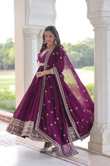 Designer Vichitra Silk Gown with Rich Sequins Embroidery & Canvas Patta Flair – Premium Stitched Anarkali Suit Set