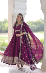 Designer Vichitra Silk Gown with Rich Sequins Embroidery & Canvas Patta Flair – Premium Stitched Anarkali Suit Set